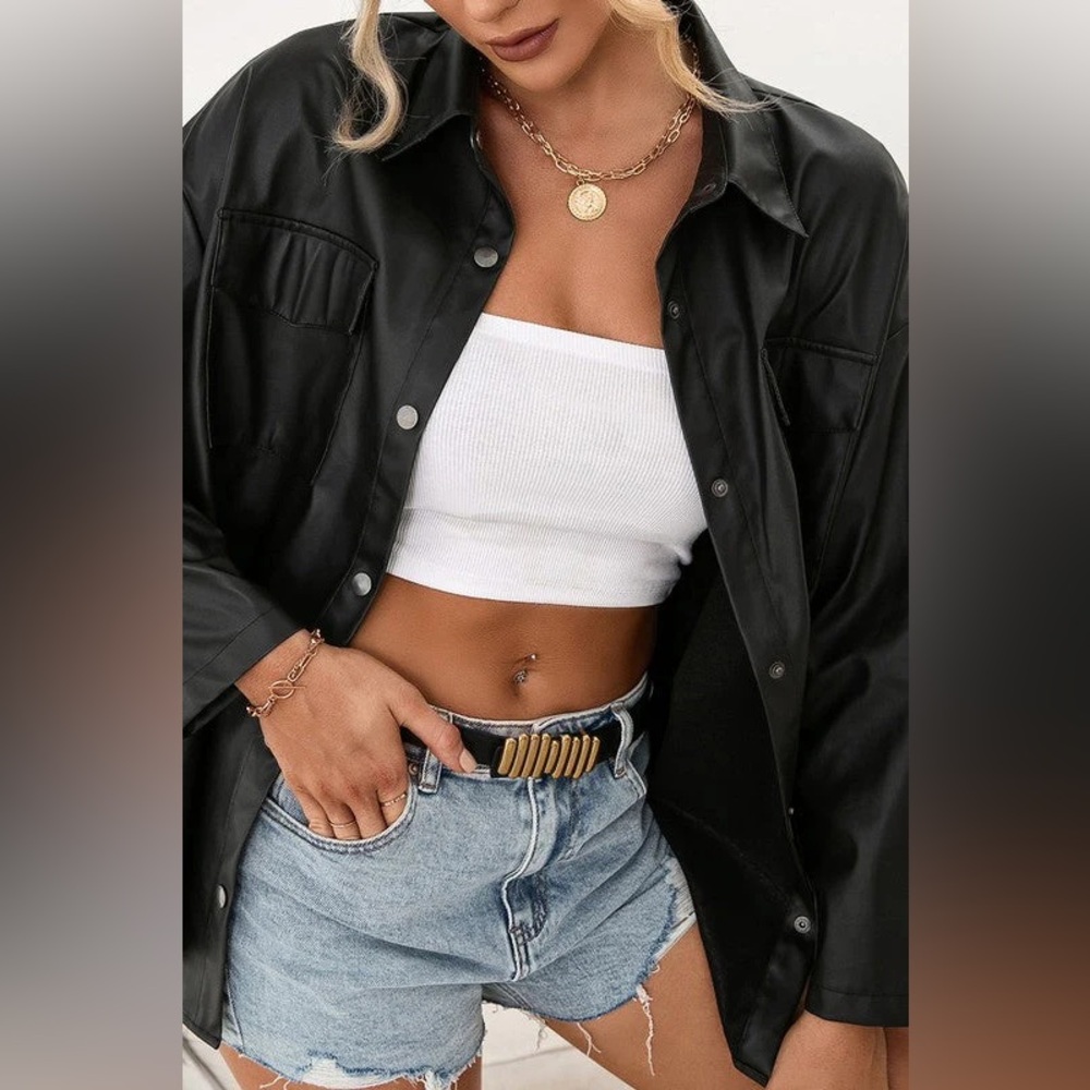 Black Leather Like Long Sleeve Button Up Top